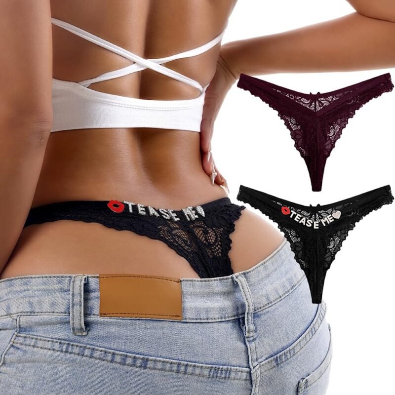 2 Pack Personalized Lace Thongs for Women Sexy Cute with Rhinestone Letters See Through Lace Underwear
