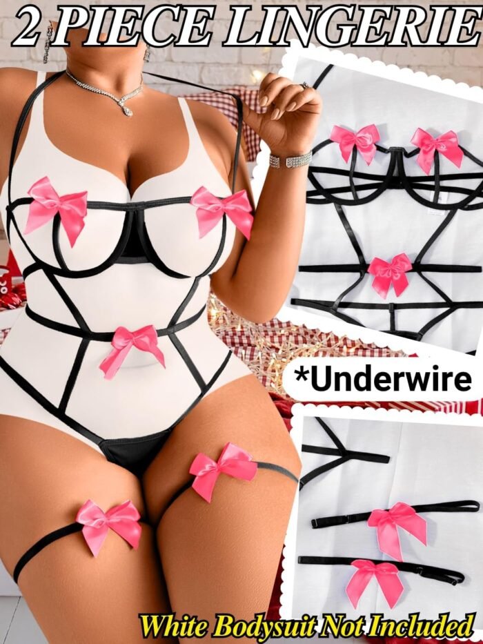 Kaei&Shi Plus Size Ribbon Bow Lingerie Women, Exotic Underwire Bowtie Lingeries Bodysuit - Image 2