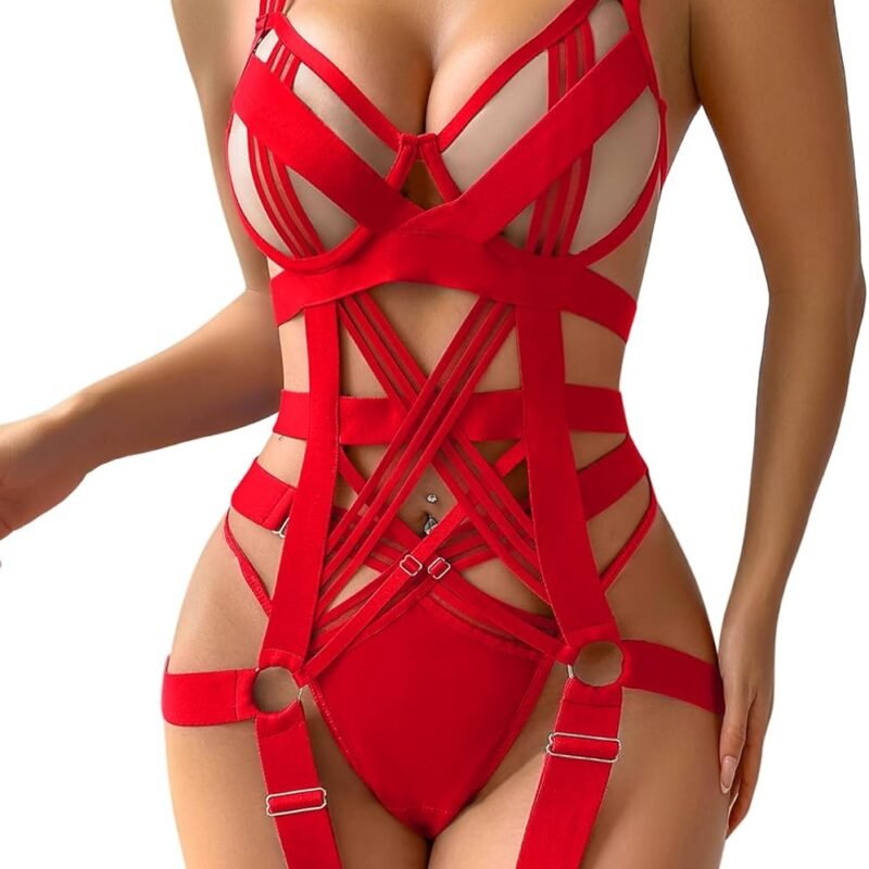 Lilosy Sexy Strappy Crisscross Cutout Underwire Garter Belt Lingerie Set Rave Outfits