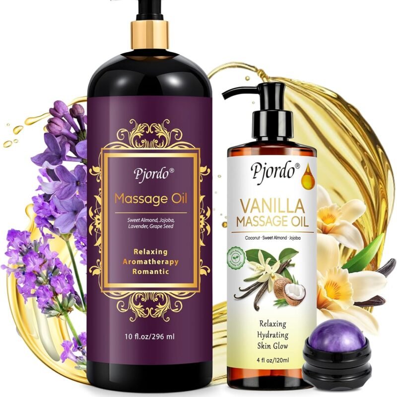 Massage Oil for Massage Therapy, Vanilla, Lavender Oil, with Massage Roller Ball, Relaxing Massage Oil for Date Night, Calming, Soothing & Moisturizing, Spa Gift Set for Her and Him