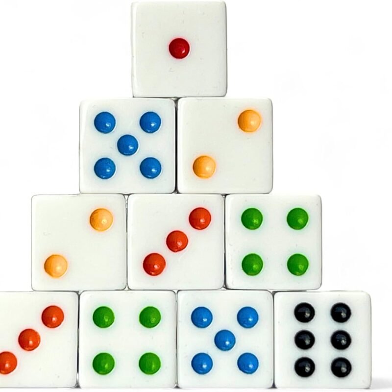 Luck Lab 10 Piece D6 Multicolor Pip Dice Pack - Acrylic 16mm Square Edge Standard Dice for RPG MTG DND Table Games and Board Games, Storage Bag Included (White Multicolor)