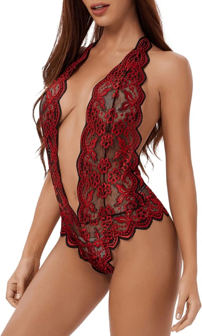 EVELUST Womens Open Back Halter Plunging Teddy,Comfortable Scalloped Trim Lace Lingerie - Image 4
