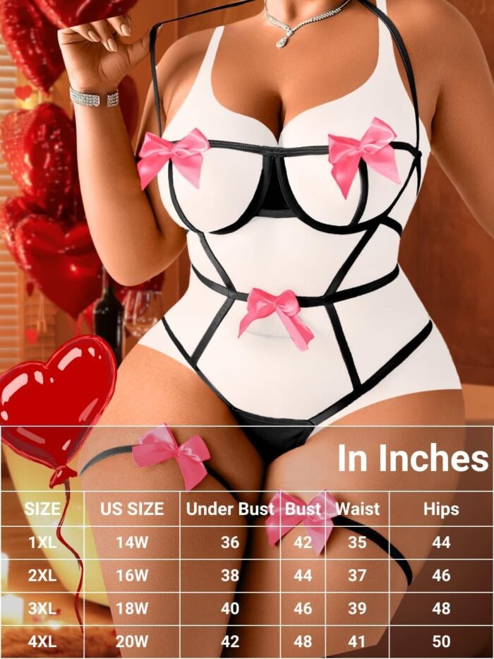 Kaei&Shi Plus Size Ribbon Bow Lingerie Women, Exotic Underwire Bowtie Lingeries Bodysuit - Image 5