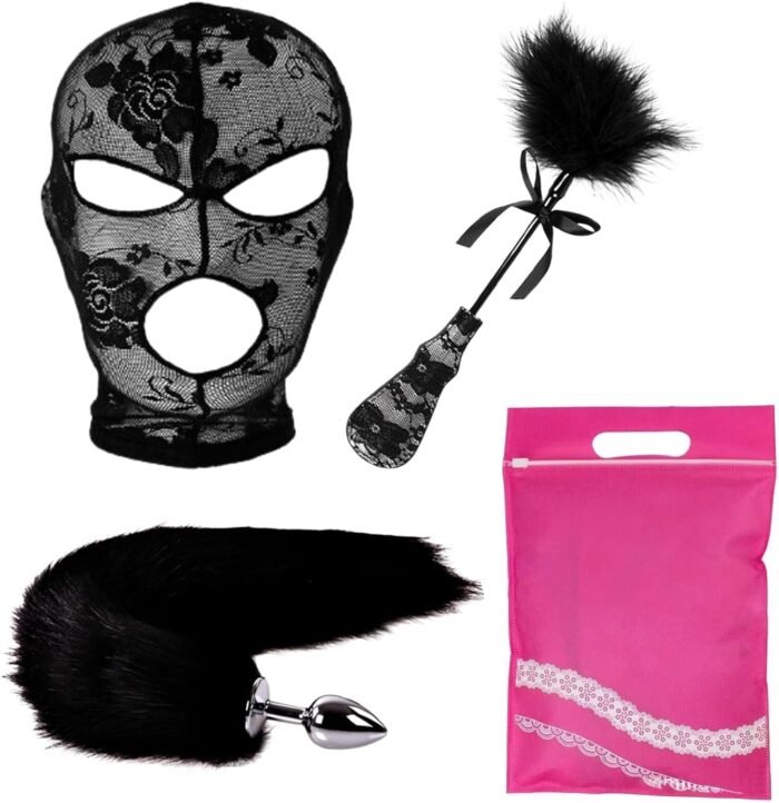 3 Pcs Fox Tail Anal Butt Plug Set Feather Tickler Sex Adults Bedroom Spanking Tickler Sexy Lace Face Mask Role Playing Mask