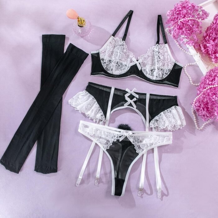 Lilosy Sexy Bow Choker Floral Lace Stocking Sheer Underwire Push Up Garter Lingerie Set - Image 4