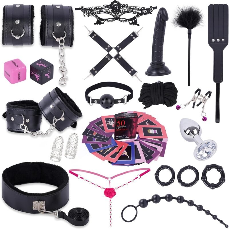 BDSM Kit Bondage Restraints Set for Adult, 25 Pcs Bondage Gear & Accessories with Adjustable Handcuffs Ankle Thigh Cuffs SM Sex Toy for Women Couples