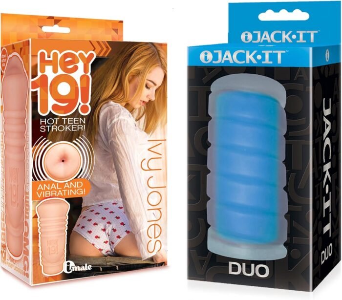 Sex Toy Couples kit of Hey 19! Vibrating Pussy Stroker Ivy Jones and Icon Brands Jack-It Duo, Sky Blue