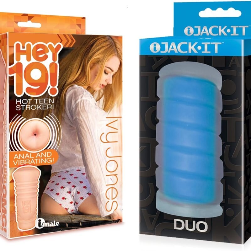 Sex Toy Couples kit of Hey 19! Vibrating Pussy Stroker Ivy Jones and Icon Brands Jack-It Duo, Sky Blue