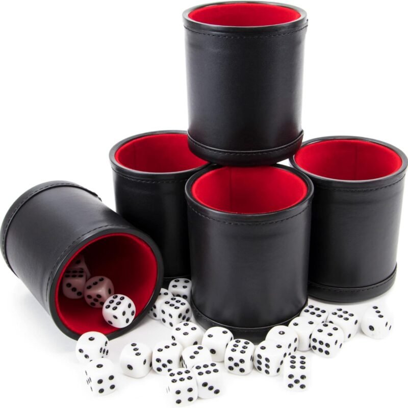Brybelly Dice Set with Dice Shaker Cup - Perfect for Casino Dice Game for Family Leather - Poker Dice Shaker - 5 Red Lined Dice Cups and 25 Dice Sets