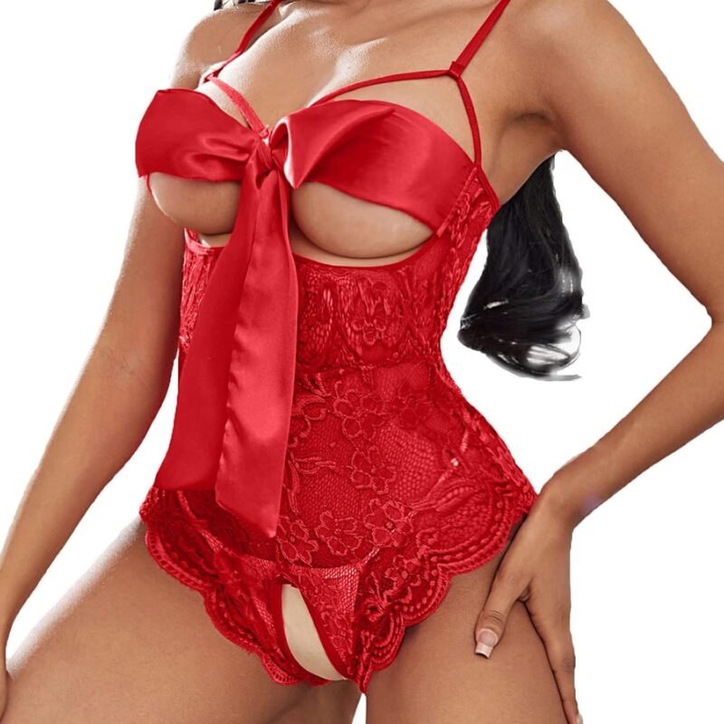 Women Sexy Satin Lingerie Unwrap Me Babydoll Red Big Bow Teddy Christmas Cosplay Costume Club Playsuit