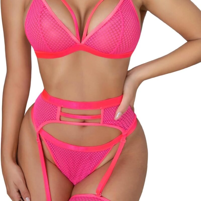 popiv Women's Sexy Lingerie Set with Garter Belt Matching Bra and Panty Lingeries Sets 4 Piece