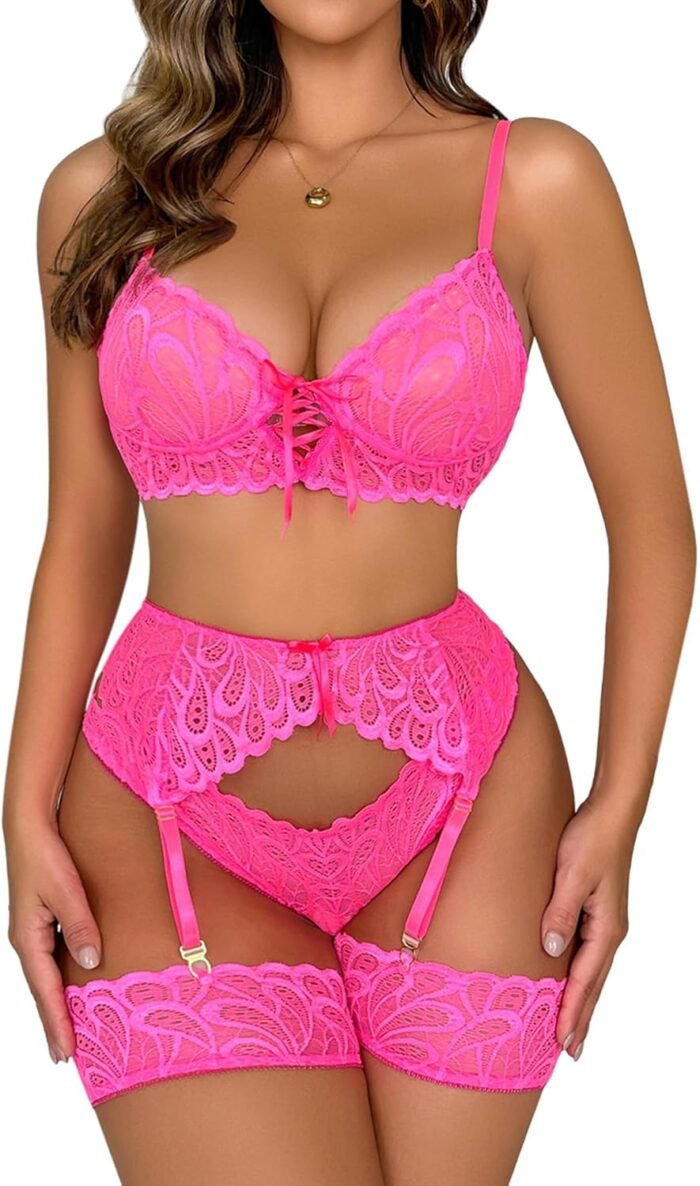 Lilosy Sexy Cutout Lace Up Floral Garter Lingerie Set