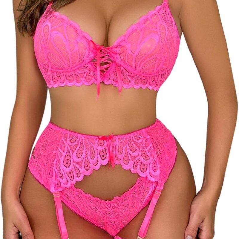 Lilosy Sexy Cutout Lace Up Floral Garter Lingerie Set