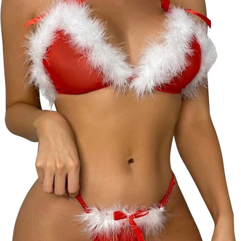 Christmas Lingerie for Women Costume Sexy Santa Christmas Set Bra Thong with Hat 3 Pcs Outfits Teddy Babydoll for Sex Naughty