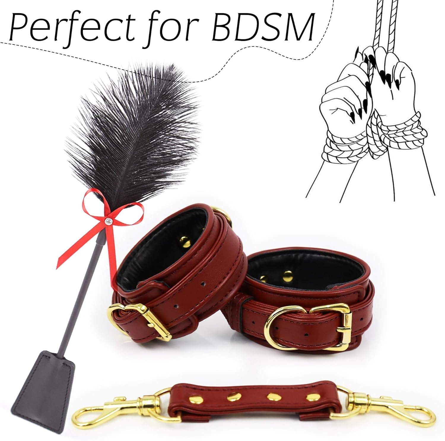 Double Ended Sex Feather Tickler Leather Sex Cuffs Adjustable Handcuffs BDSM Tools Fetish Bondage Collections Spanking Paddle Adult Sexual Sexy Games for Couples Women Men Role Play - Image 4