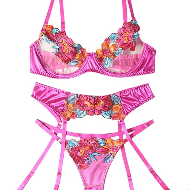 Lilosy Sexy Leaf Floral Embroidered Mesh Sheer Women Underwire Push Up Lingerie Set