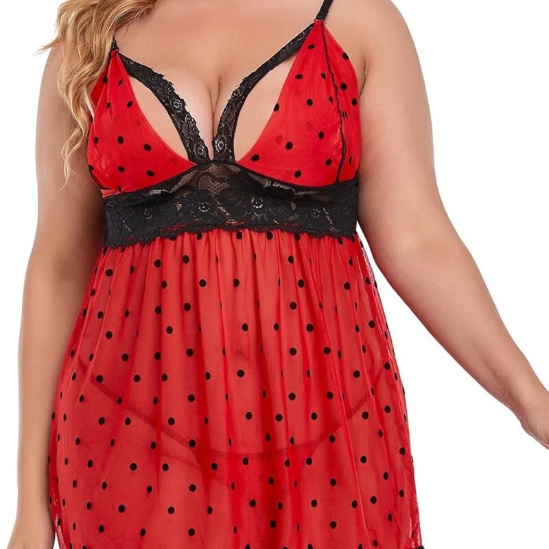 Women's Plus Size Lingerie Red Babydoll Lace Split Cup Sleepwear Chemise Set