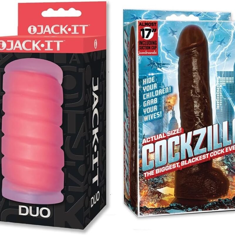 Sex Toy Couples kit of Jack-It Duo, Cherry and Icon Brands Cockzilla Nearly 17 Inch Realistic Black Colossal Cock