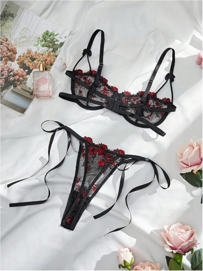 GORGLITTER Women's Bow Bra Sexy Lingerie Set Mesh Push Up Bralette and Panty 2 Piece - Image 2