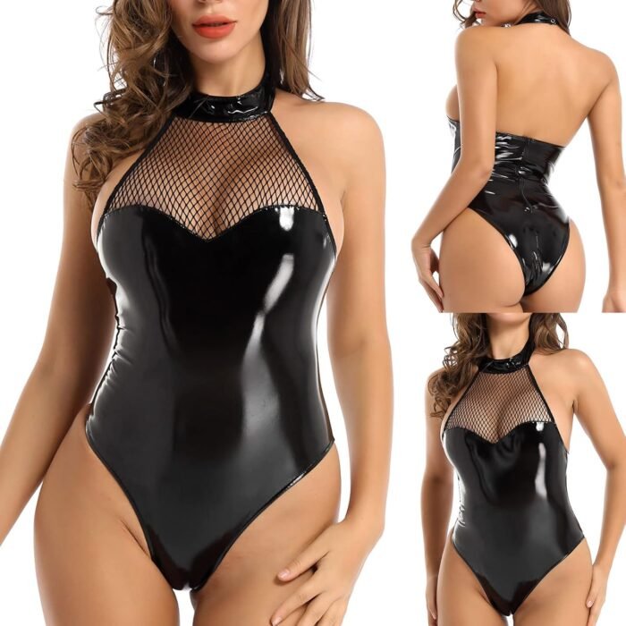 Sexy Fishnet Bodysuit Lingerie for Women Sex Naughty One Piece Wet Look Leather Lingerie Sluttly Teddy Babydoll - Image 2