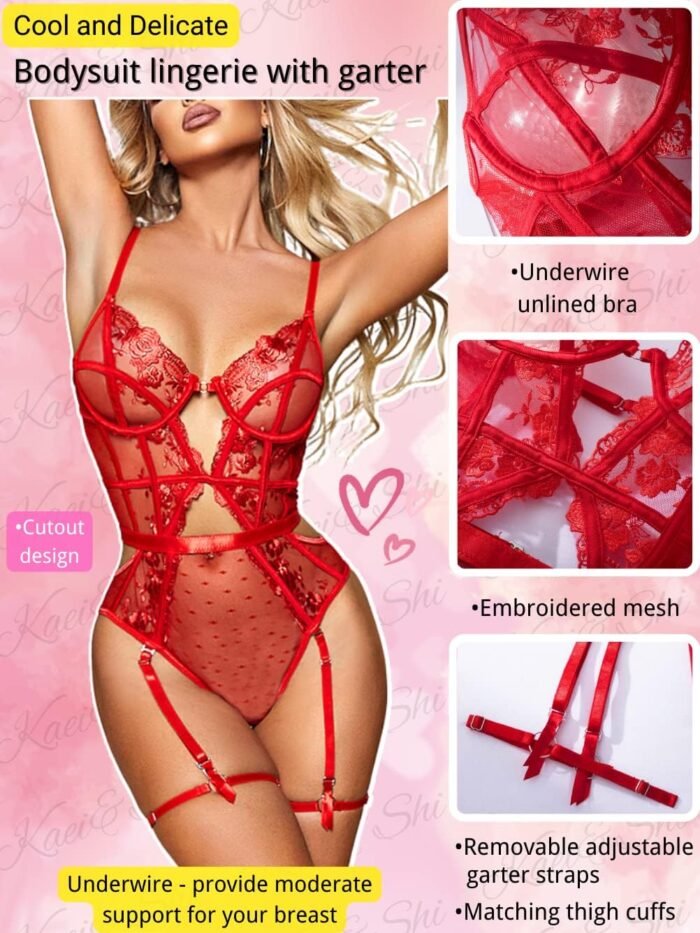 Kaei&Shi Floral Embroidered, Underwire, Removable Garter, Thigh Straps, Backless Bodysuit - Image 2
