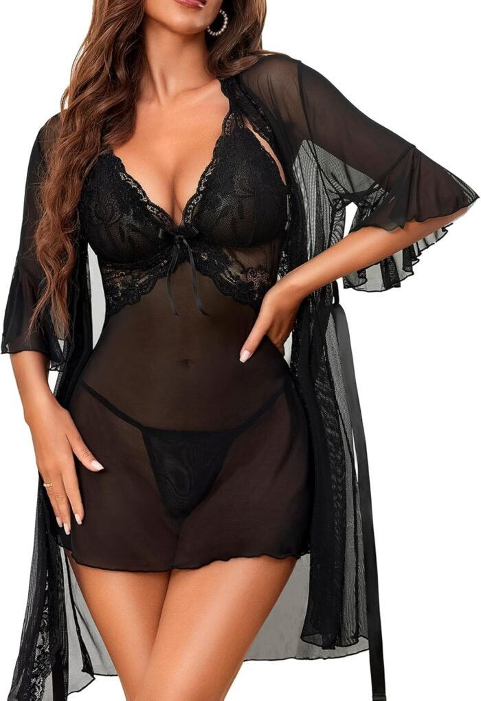 Women Sexy Lingerie Set 3 Piece Babydoll & Lace Kimono Robe Strap Chemise Nightgown Mesh Sleepwear