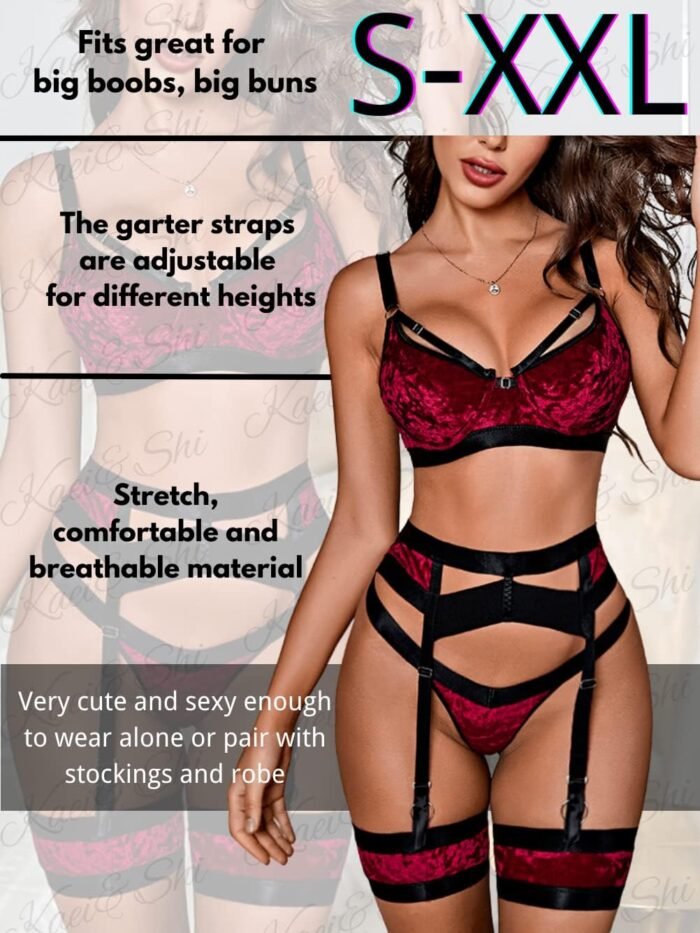 Garter Lingerie for Women,Sexy Lace Lingerie,Sheer Matching 4 Piece Lingerie Set - Image 4
