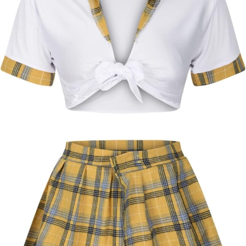 Women Schoolgirl Lingerie Sexy Roleplay Student Costumes Lingerie Set Crop Top and Mini Plaid Skirt Uniform Outfits