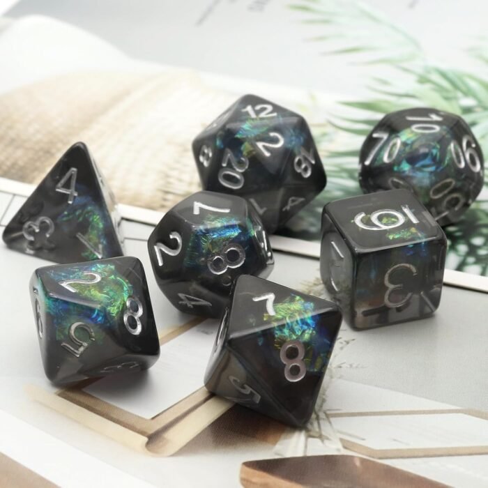 Haxtec DND Dice Set 7PCS Resin Dice Set Black with Iridescent Mylar Inclusion Polyhedral D&D Dice for Roleplaying Dice Games as Dungeons and Dragons - Image 4