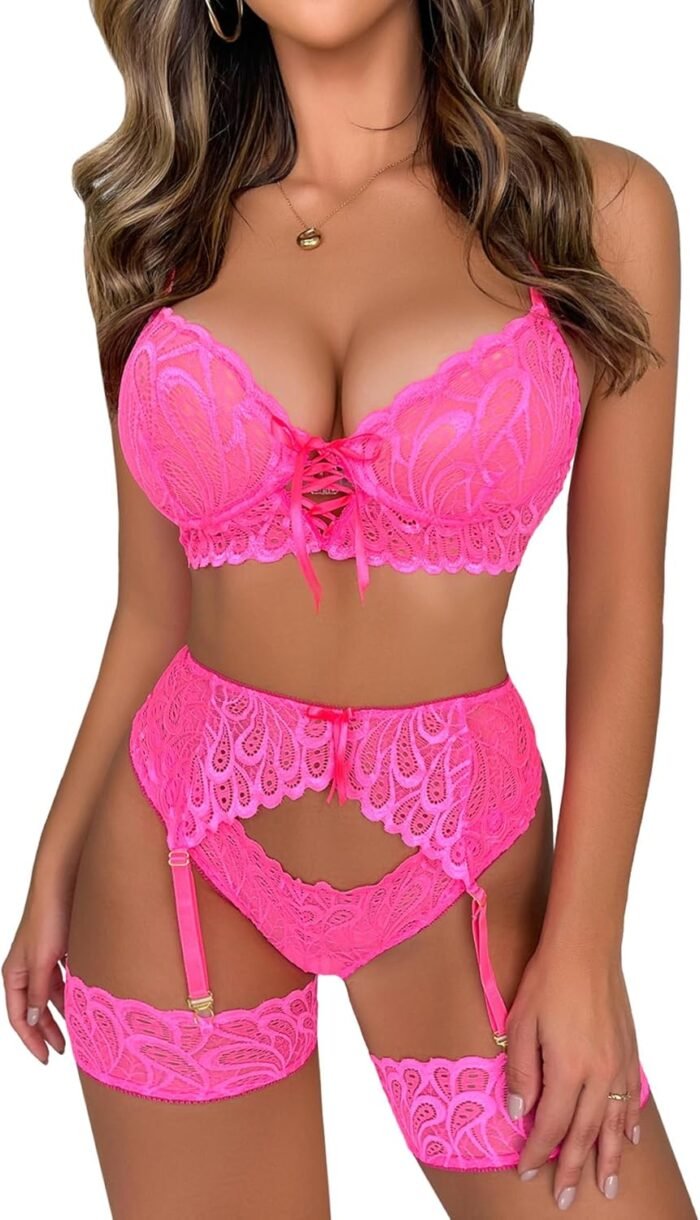 Lilosy Sexy Cutout Lace Up Floral Garter Lingerie Set - Image 3