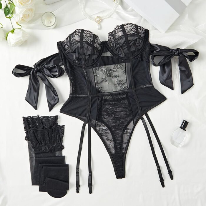 Women Lingerie Sets Lace Bodysuit with Stockings Embroidered Hollow Out Bow Sexy 2 Piece Lingerie Set For Women - Image 6