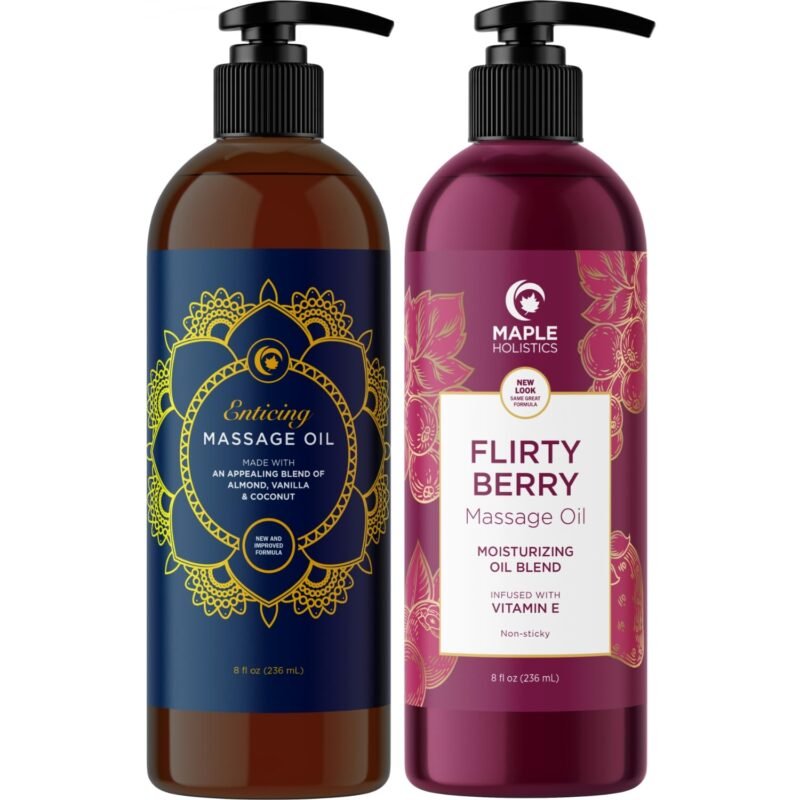 Luxurious Vanilla & Flirty Berry Massage Oil Set - Aromatherapy Full Body Massage Oil for Couples Bundle with Naturally Scented Vegan & Non GMO Ingredients (8 Fl Oz Each)