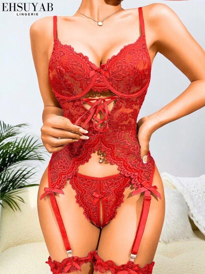 3Pc Sexy Corset Lingerie, Floral Lace, Satin Bow, Ruffle Thigh Cuffs - Image 2