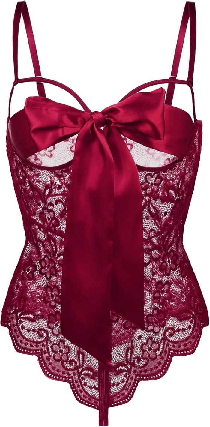 Donnalla Women Sexy Bodysuit Self Knot Front Floral Lace Teddy One Piece Babydoll Naughty Lingerie - Image 5