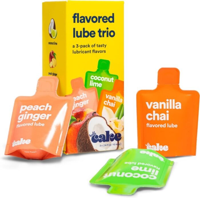 Hello Cake Flavored Lube Trio Sample Pack, Water-Based Flavored Personal Lubricants - Includes Peach Ginger, Vanilla Chai, and Coconut Lime – Made Without Added Sugar & No Aftertaste, 0.34 fl oz Each
