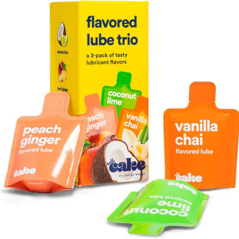 Hello Cake Flavored Lube Trio Sample Pack, Water-Based Flavored Personal Lubricants - Includes Peach Ginger, Vanilla Chai, and Coconut Lime – Made Without Added Sugar & No Aftertaste, 0.34 fl oz Each