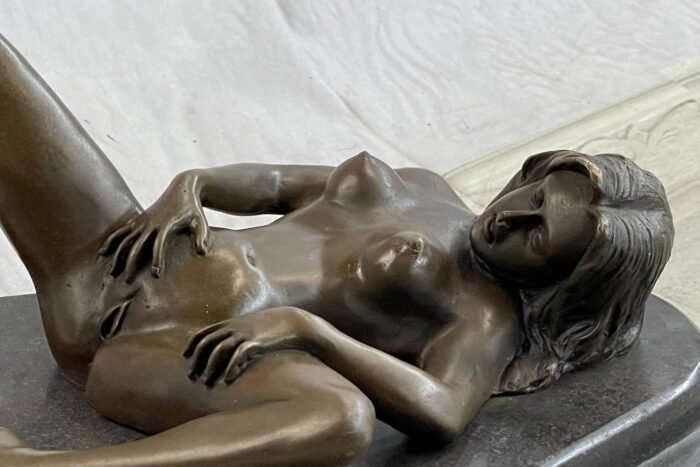 EUROPEAN BRONZE Bronze on Marble Figurative Erotic Art Sculpture Nude Female Touching Herself Artwork Gift - Image 3