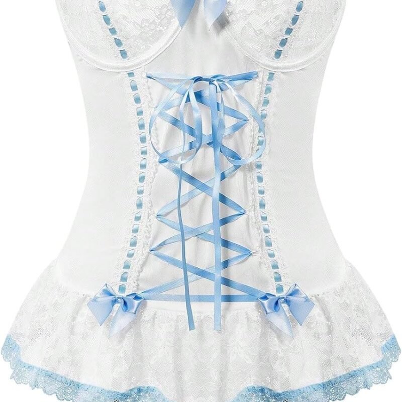 Sexy Rave Mesh Corset Ruffle Lace Up Underwire Sheer Garter Belt Babydoll Lingerie Set With Thong 3 Piece Women