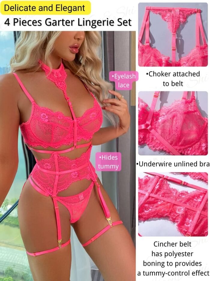 Kaei&Shi Garter Lingerie Set for Women, Sexy Floral Lace, Strappy High Waisted Hide Belly, 4 Piece with Exotic Choker Belt - Image 2
