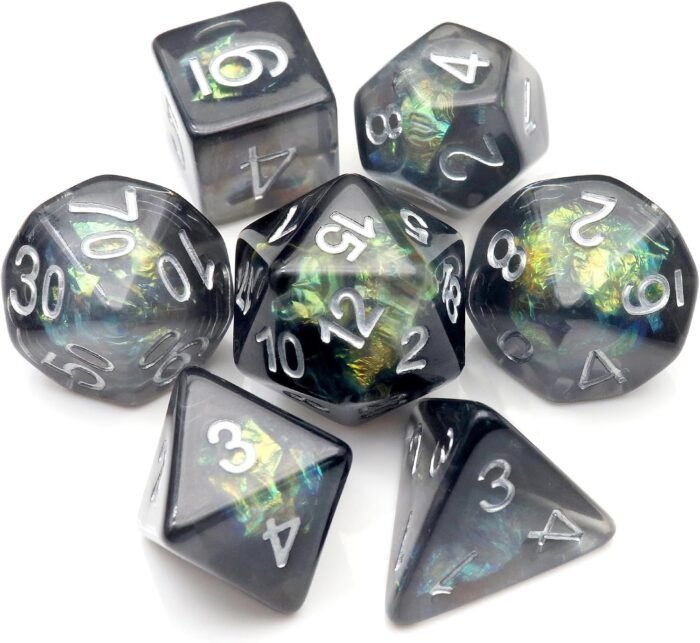 Haxtec DND Dice Set 7PCS Resin Dice Set Black with Iridescent Mylar Inclusion Polyhedral D&D Dice for Roleplaying Dice Games as Dungeons and Dragons