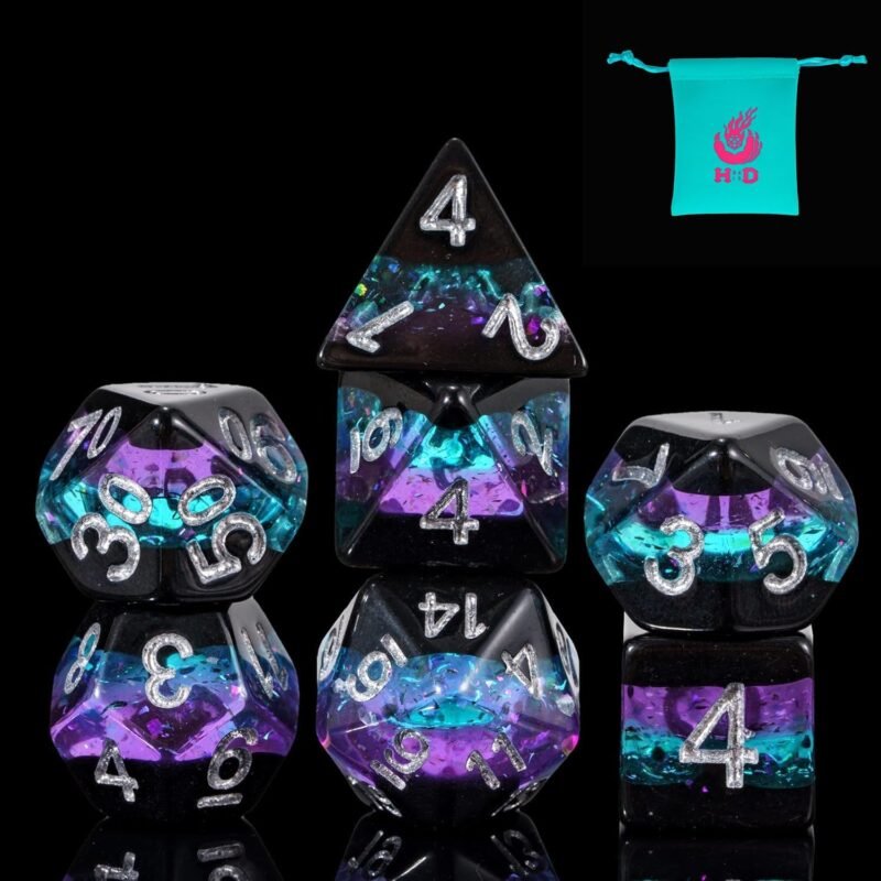 Glitter DND Dice Set, 7PCS RPG Resin D and D Dice Set Multi Color D&D Polyhedral Dice with Leather Pouch for Dungeons and Dragons Role Playing Games and Other Tabletop Games