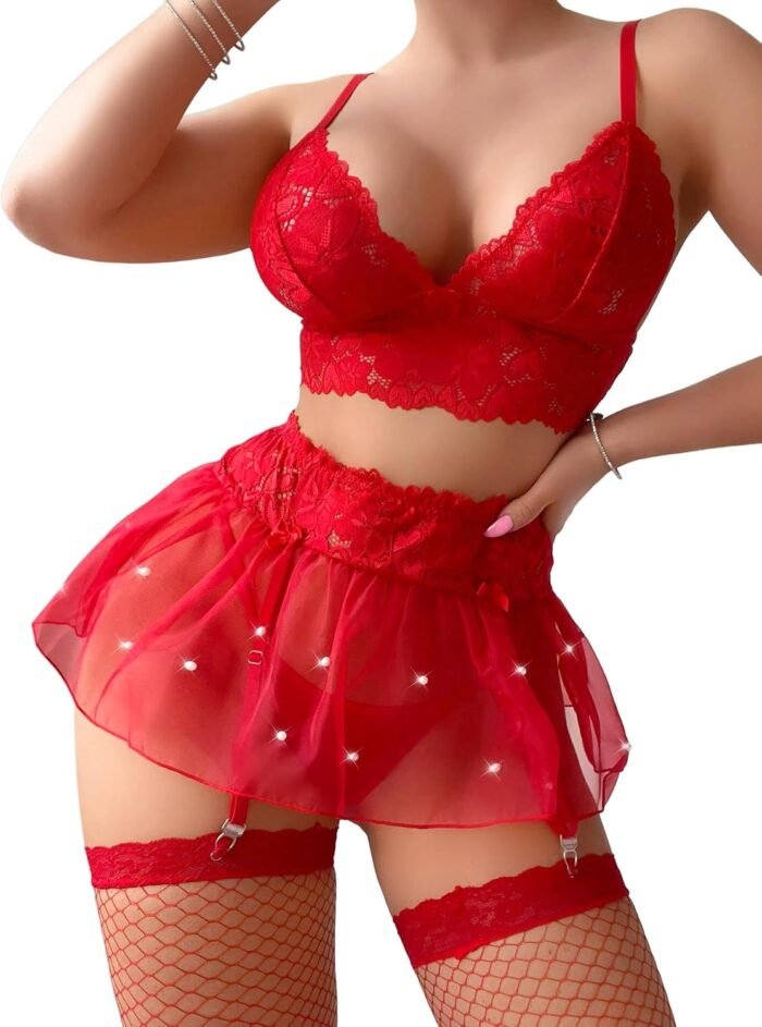 Sexy Stocking Mini Skirt Wireless Mesh Lace Garter Lingerie with Thong Set 4 Pieces - Image 3