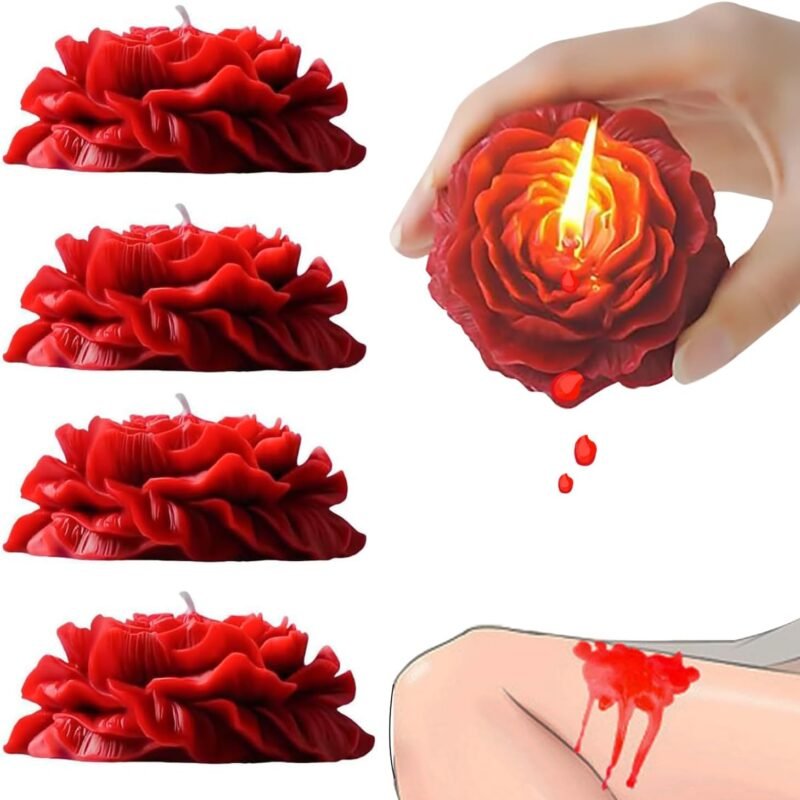 Set of 4 Low Temperature Red Rose Flower Shaped Scented Wax Play Candles - Romantic Drip Candles for Lovers, Couples, Weddings and Home Decor Games Atmosphere Scented Wax