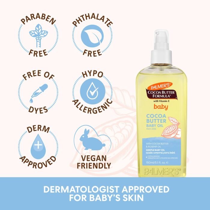 Palmer's Baby Oil, Cocoa Butter Formula Gentle Body Oil, 5.1 fl oz, Nourishing Massage Oil for Delicate Skin with Vitamin E & Argan Oil, 48-Hrs Moisture, Dermatologist Tested Baby Essentials - Image 5