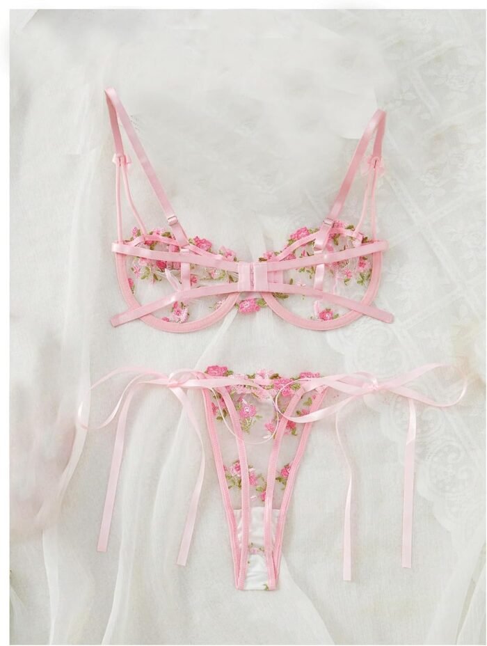GORGLITTER Women's Bow Bra Sexy Lingerie Set Mesh Push Up Bralette and Panty 2 Piece - Image 2