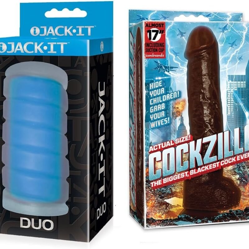 Sex Toy Couples kit of Jack-It Duo, Sky Blue and Icon Brands Cockzilla Nearly 17 Inch Realistic Black Colossal Cock