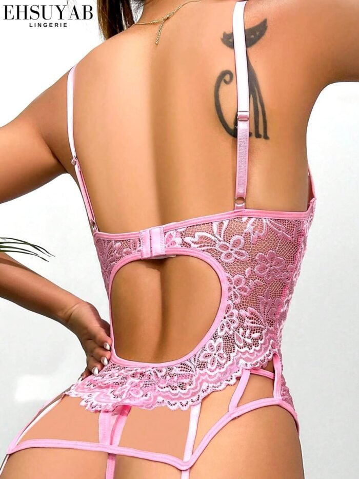 3Pc Sexy Corset Lingerie, Floral Lace, Satin Bow, Ruffle Thigh Cuffs - Image 3