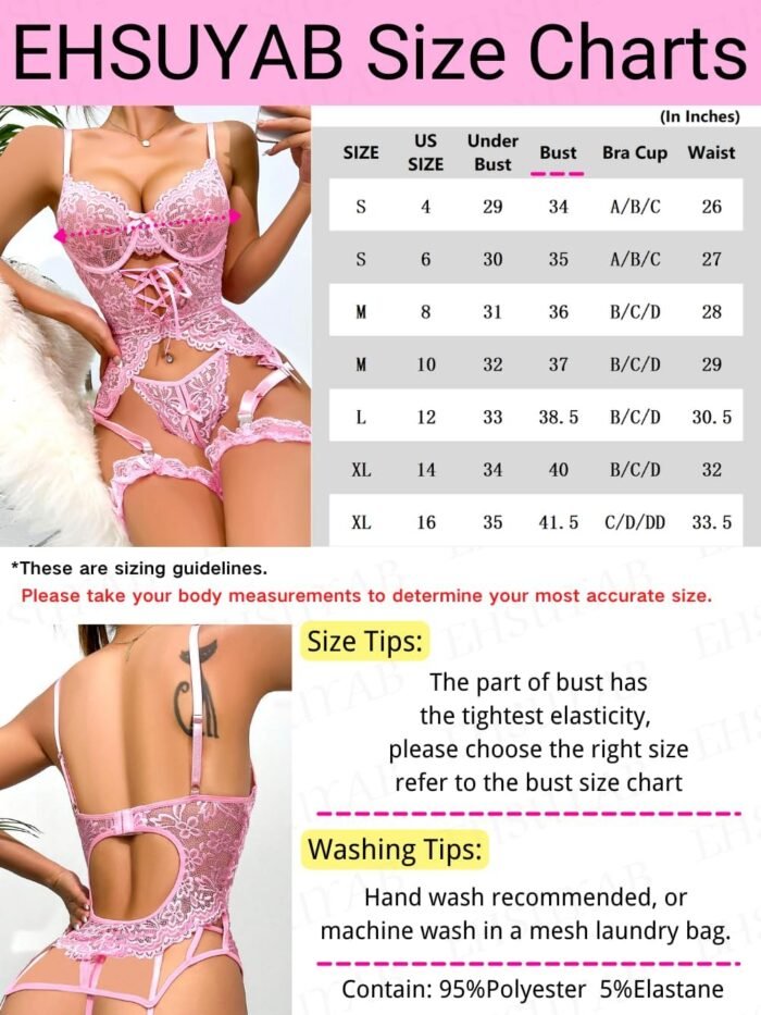 3Pc Sexy Corset Lingerie, Floral Lace, Satin Bow, Ruffle Thigh Cuffs - Image 7