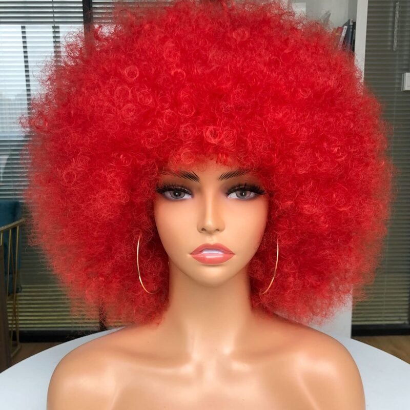 70s Afro Wig with Bangs Short Afro Kinky Curly Wig for Black Women Large Bouncy and Soft Natural Looking Halloween Party Christmas Cosplay Wigs (Red)