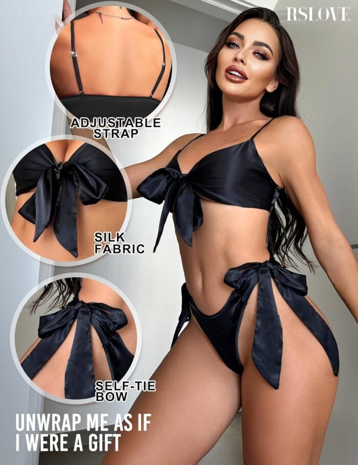 RSLOVE Women Sexy Lingerie Set Satin Bow Tie 2 Piece Bra and Panty Sets - Image 3